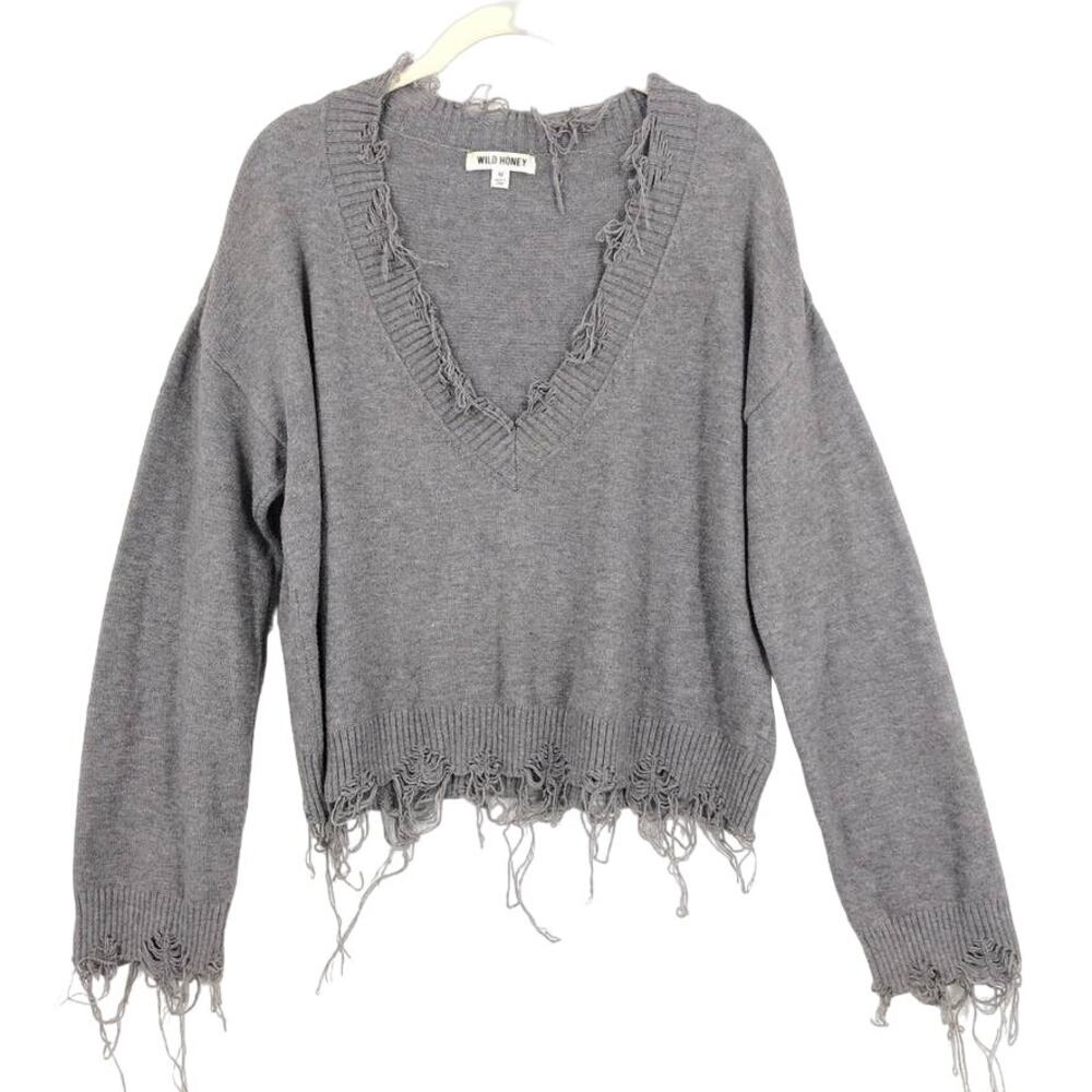 Wild Honey Womens Cropped Sweater Medium Gray Long Sleeve Deep V Neck Raw Hem